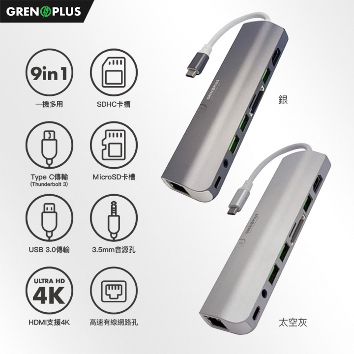 Grenoplus-Type C ( Thunderbolt )周邊新選擇-65W PD 3.0旅充、9 in 1 hub, Type C to C Cable