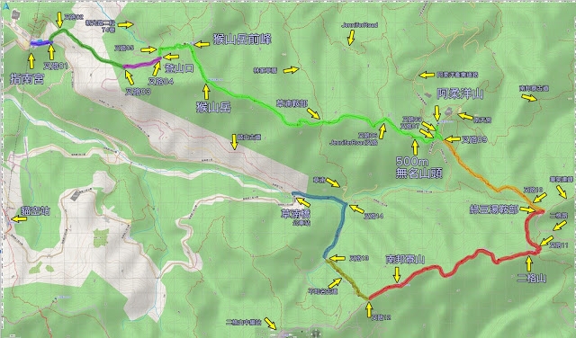 路線紀錄：【二格山】O型（【猴山岳前峰】、【猴山岳】、【阿柔洋山】、【二格山】、【南邦寮山】））
