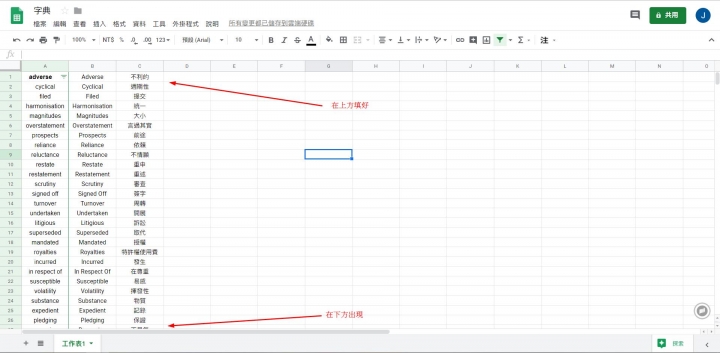 google sheet: 如何在不滾動至最下的情況把文本加進空格內？