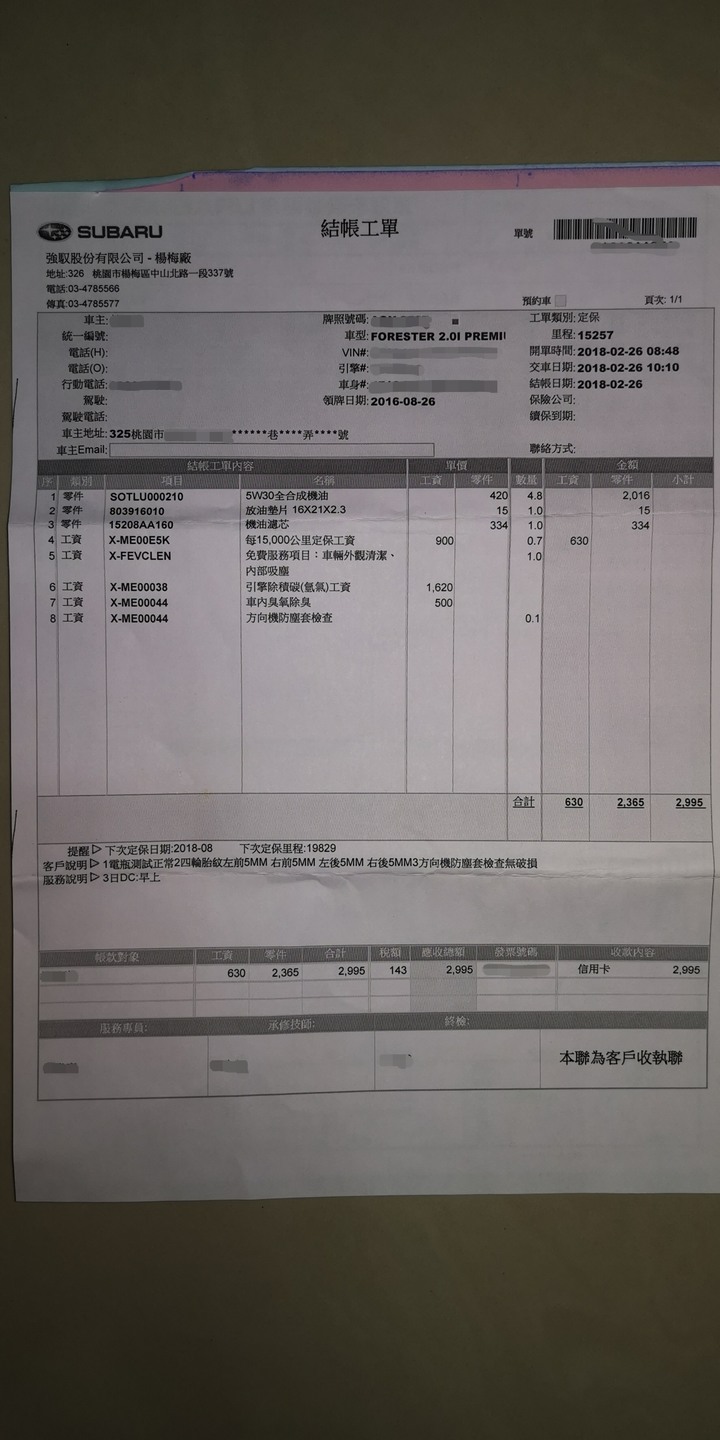 我的森林人保固內保養費用分享