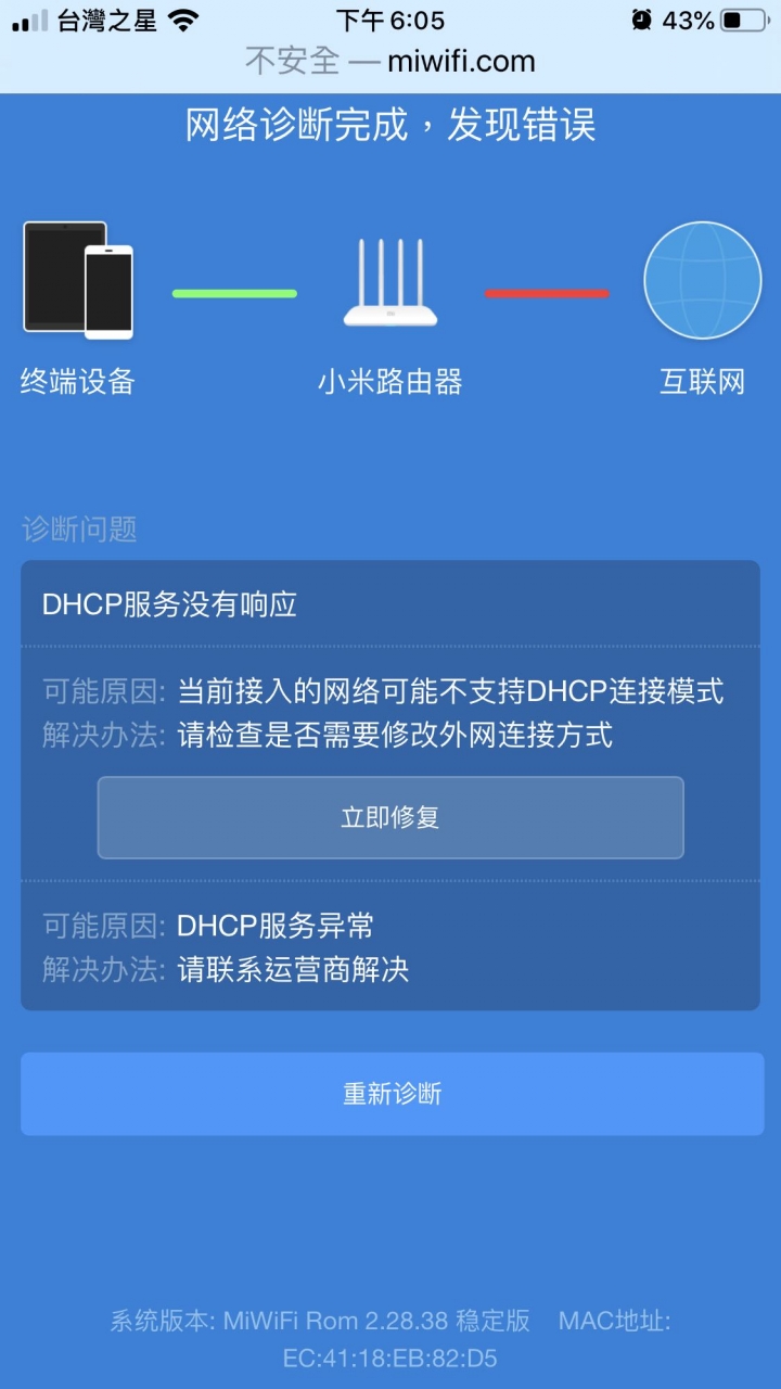 小米路由器4a千兆版無法聯網