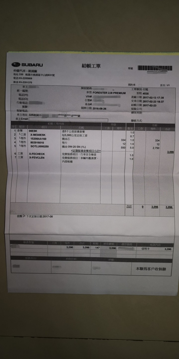 我的森林人保固內保養費用分享