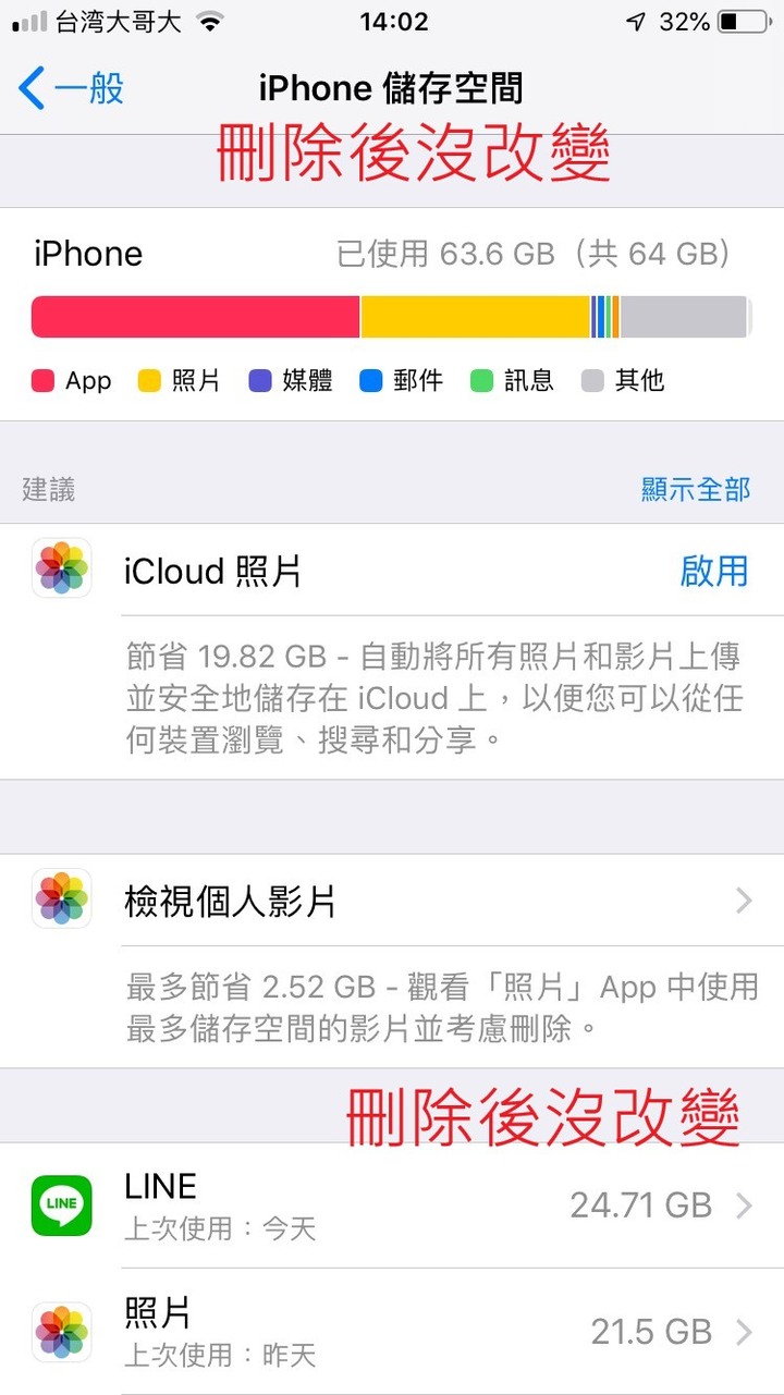 為何IPHONE6S刪除LINE的暫存檔以及照片完全沒有釋放出任何空間呢?(已解決)