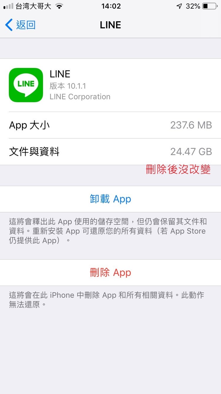 為何IPHONE6S刪除LINE的暫存檔以及照片完全沒有釋放出任何空間呢?(已解決)