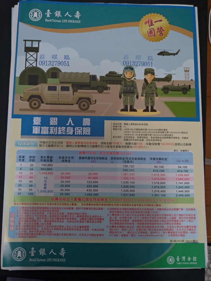 臺銀人壽軍富利終身保險