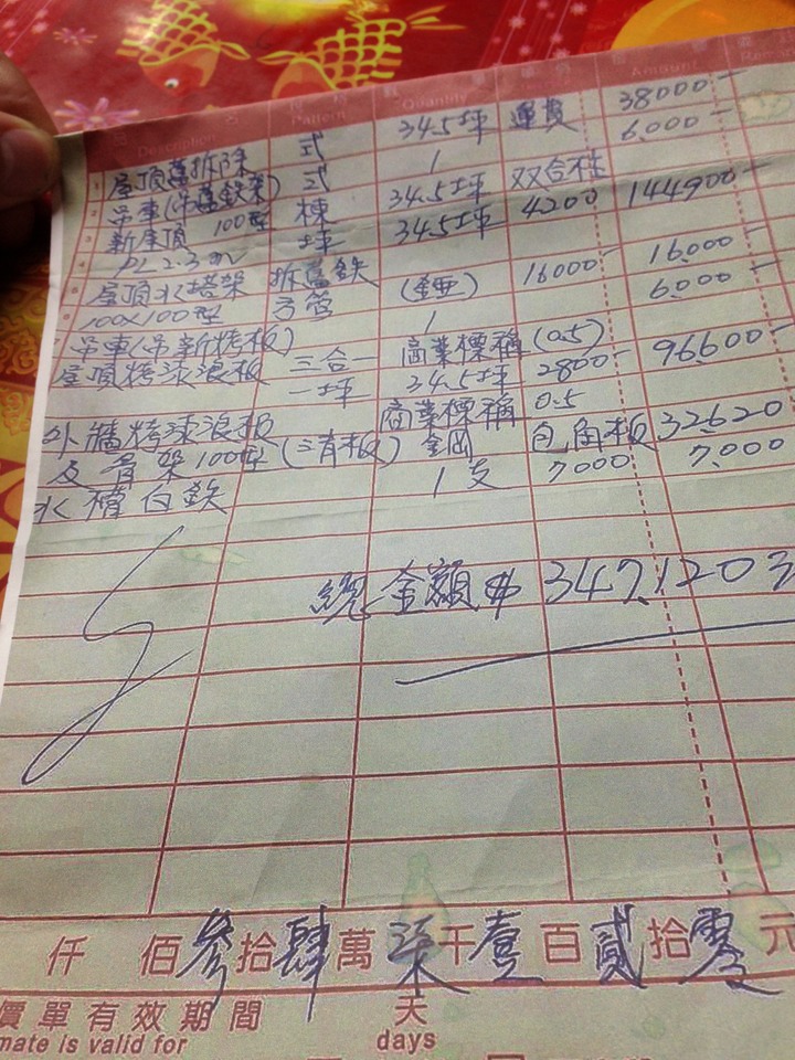 家裡頂樓鐵皮屋頂生銹更新，請問估價可接受嗎？