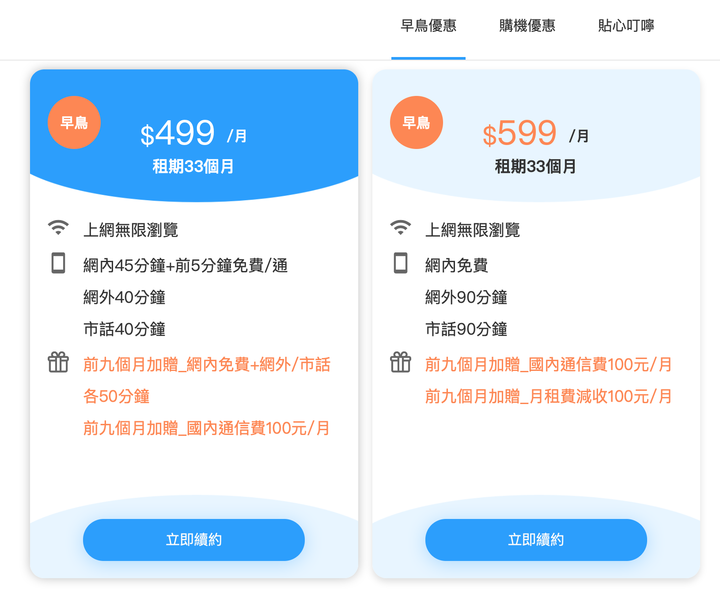 中華早鳥優惠 499加贈前九個月網內免費.................