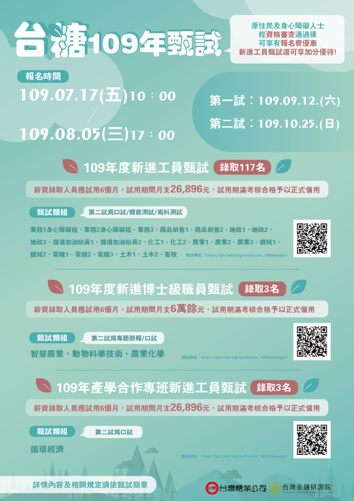 台灣糖業公司109年招考訊息