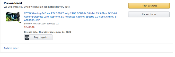 ZOTAC RTX 3090 在 Amazon 悄悄的上架了! 報價出爐!