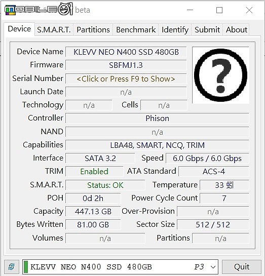 科賦 KLEVV NEO N400 480GB 紀錄