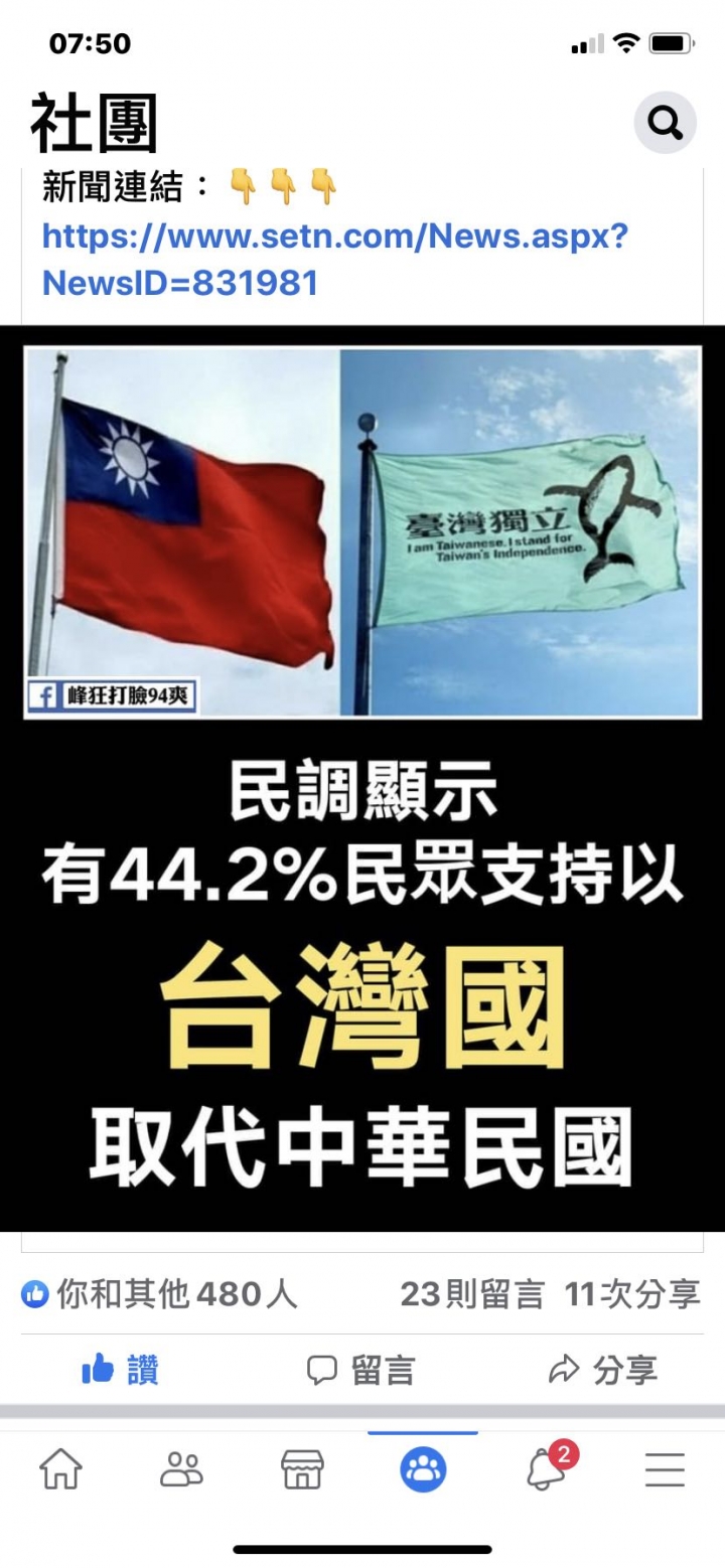44.2%支持更改國名為「台灣國」