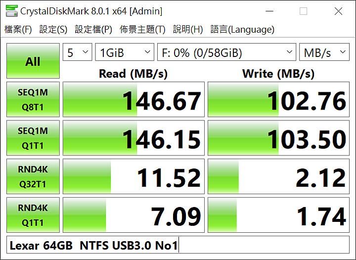 Lexar jumpdrive v100 64g 速度測試