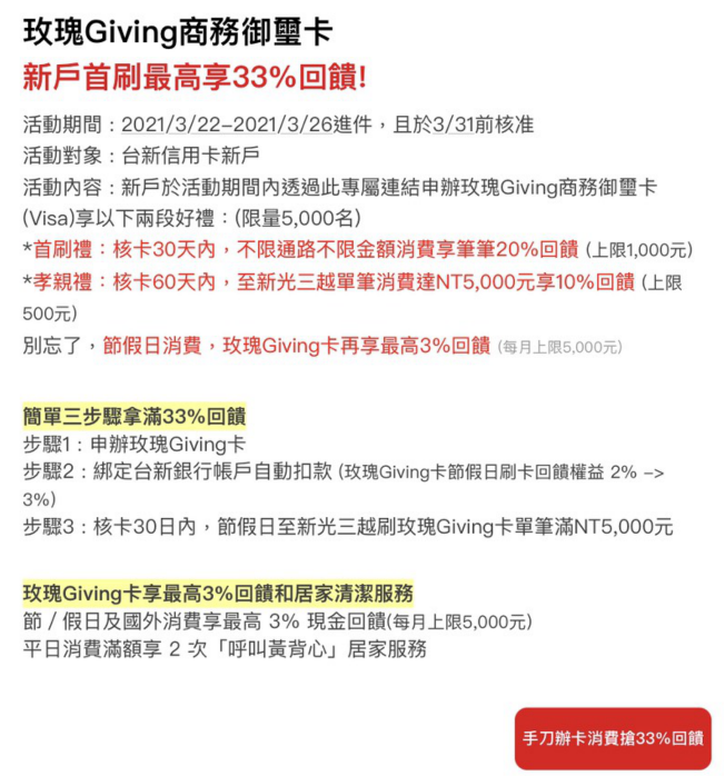 台新玫瑰Giving信用卡，新戶最高回饋33％