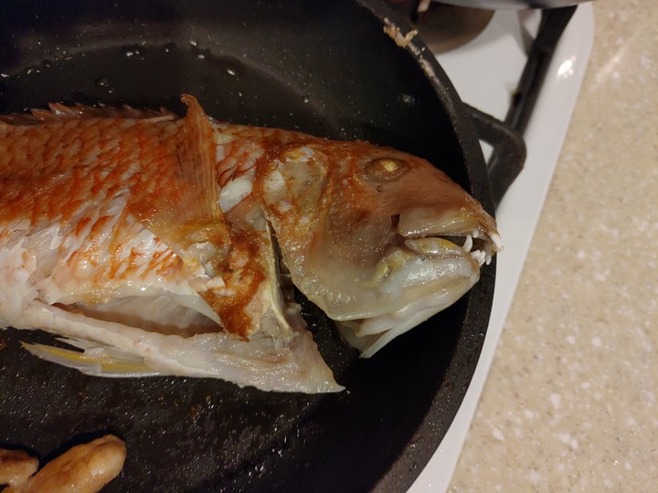 出外艱苦人的簡易晚餐一條很凶的魚