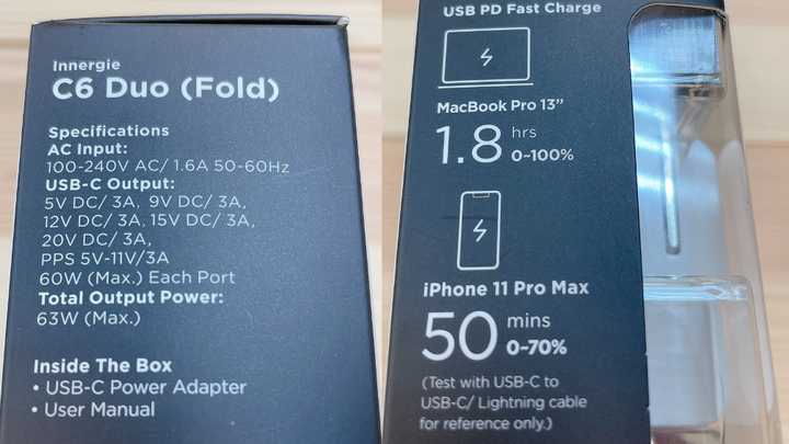 [木桌開箱] Innergie新出的充電器－C6 Duo 63瓦雙孔 USB-C 萬用充電器(摺疊版)