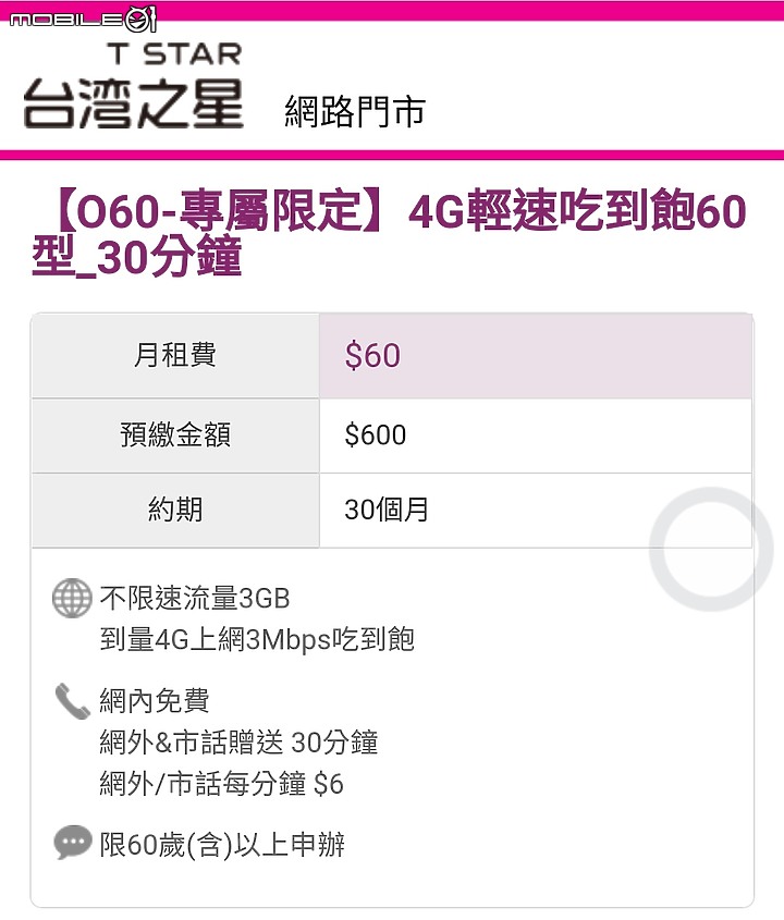 【O60-專屬限定】台星樂齡族終身月租元?