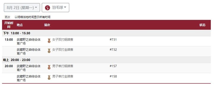 7/29~8/2 的羽毛球預定賽程日期。