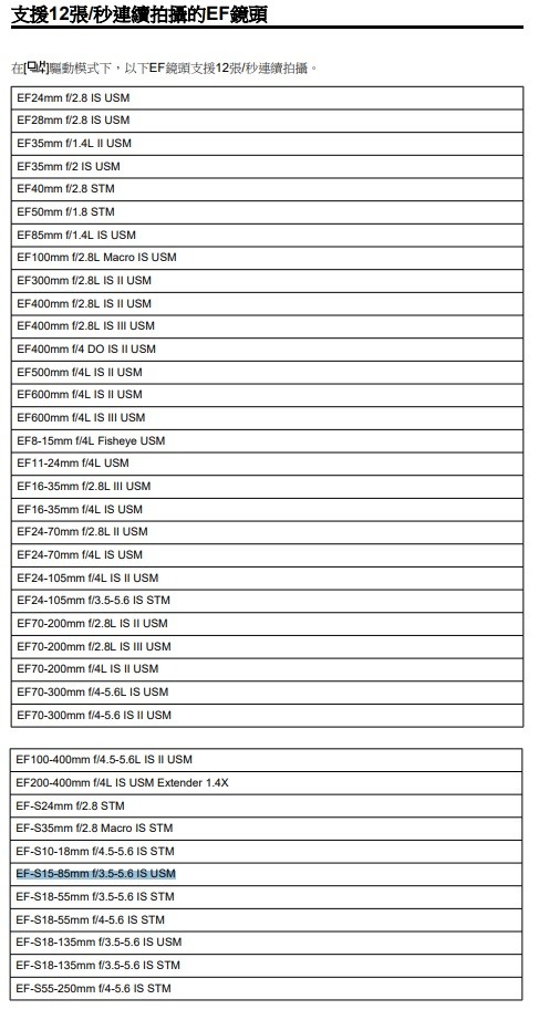 R5接EFS鏡頭無法12fps連拍