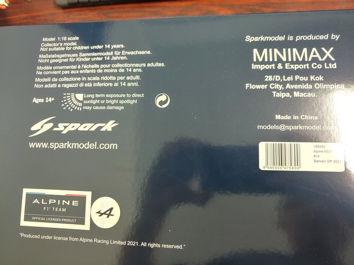[開箱]1/18 SPARK ALPINE F1  TEAM  A521 FERNANDO ALONSO 2021