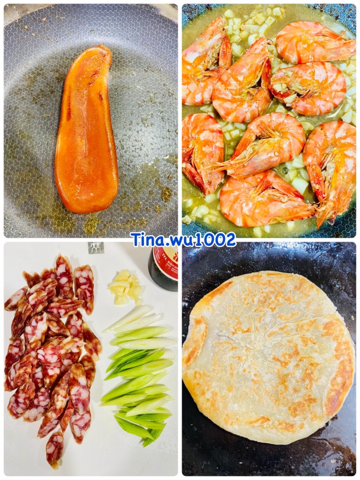 手作簡單年菜料理2020/01/30 主食:蘋果烏魚子/蒜蓉胡椒蝦/蒜炒臘腸