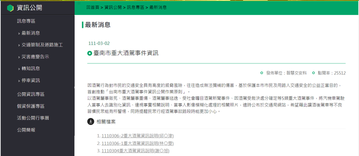 震撼! 台南市率先公告3酒駕累犯姓名、照片及違法事實公開資訊