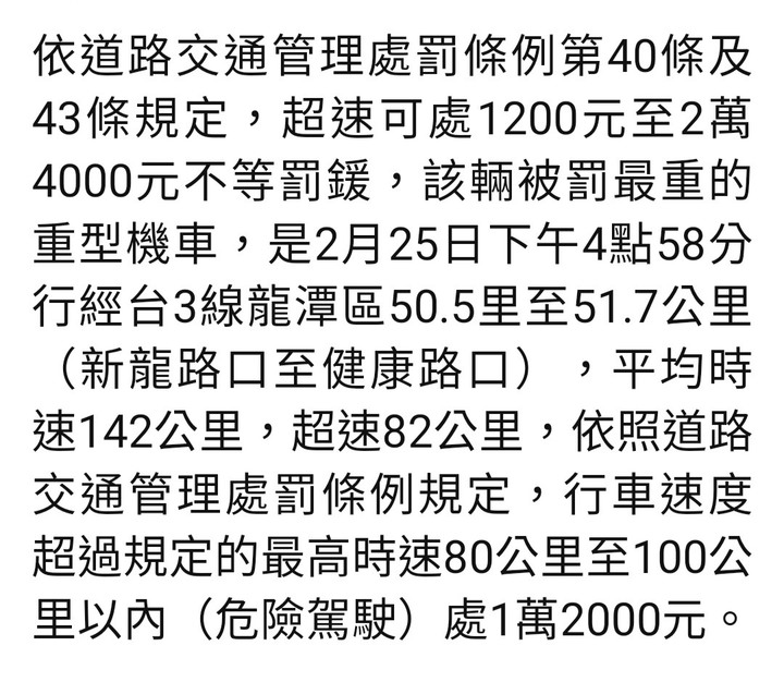 震驚！台3線龍潭區間測速52天狂拍3758件 最高平均時速142公里是一台重機