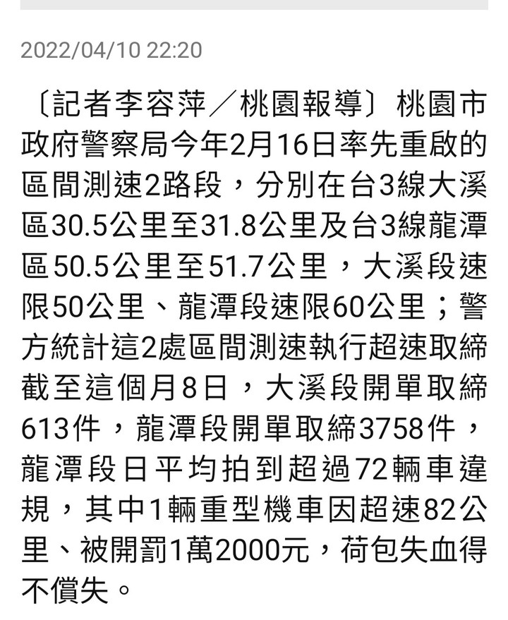 震驚！台3線龍潭區間測速52天狂拍3758件 最高平均時速142公里是一台重機