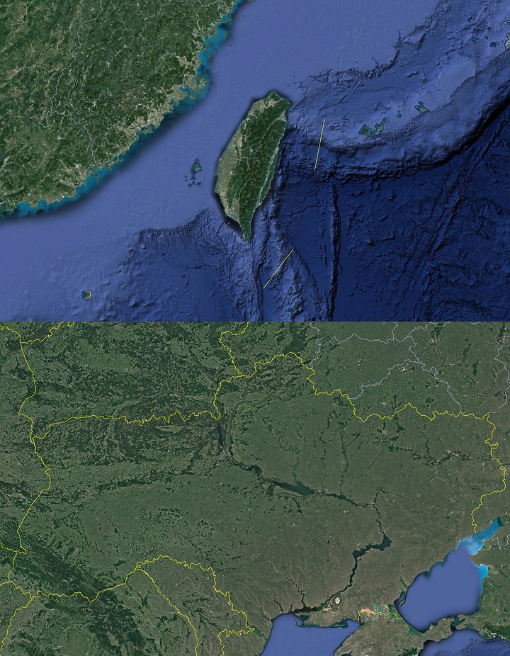 相同比例看烏克蘭和台灣的地理地形
