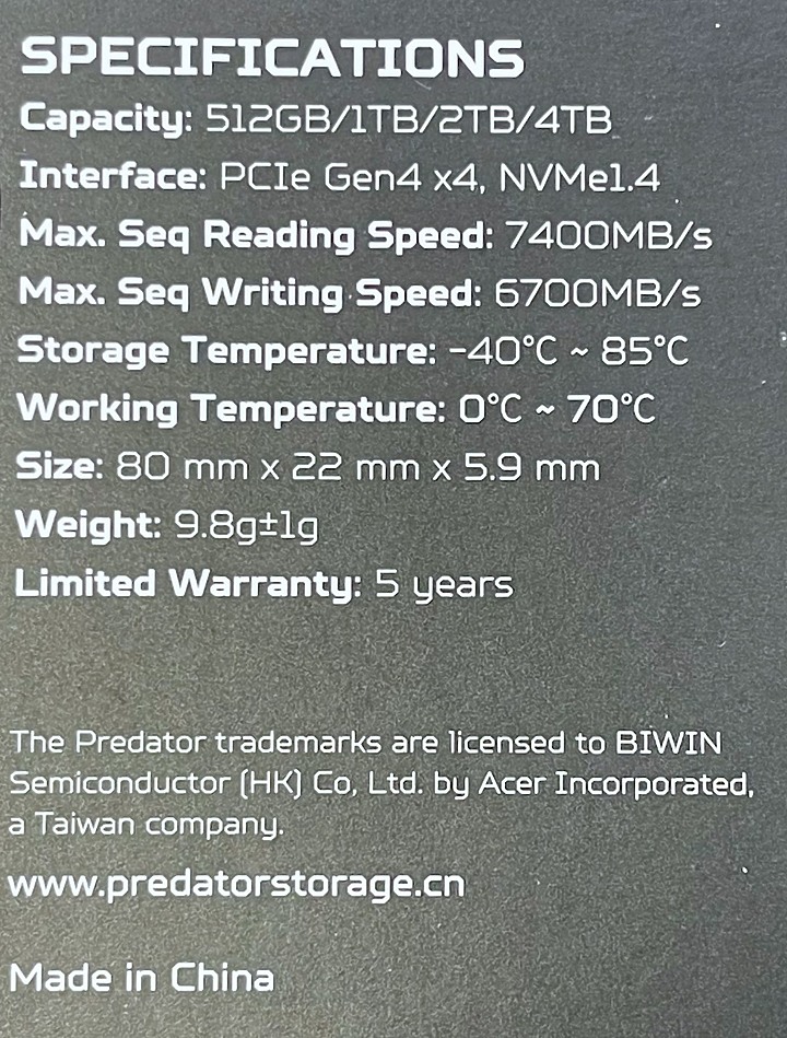 主流級價位的PCIe4-Predator GM7000 1TB PCIe4.0