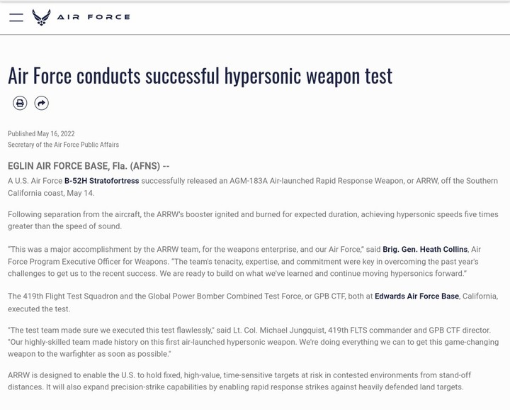 美國空軍極音速飛彈 (AGM-183A) 試射首次飛行成功。