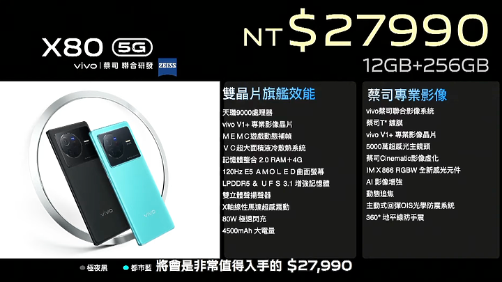vivo X80 6/1開賣!蔡司攝力搭天璣9000台灣首發