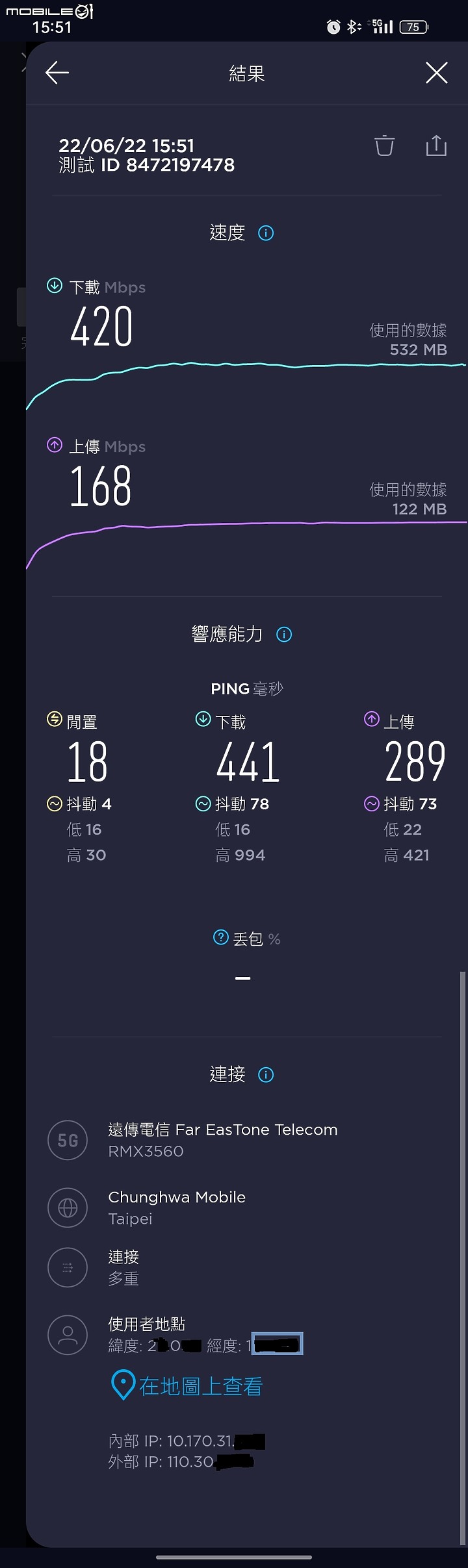 Realme GT Neo3 狂飆黑 8G 256GB 圖多 新增台星、遠傳 4、5G網速測圖
