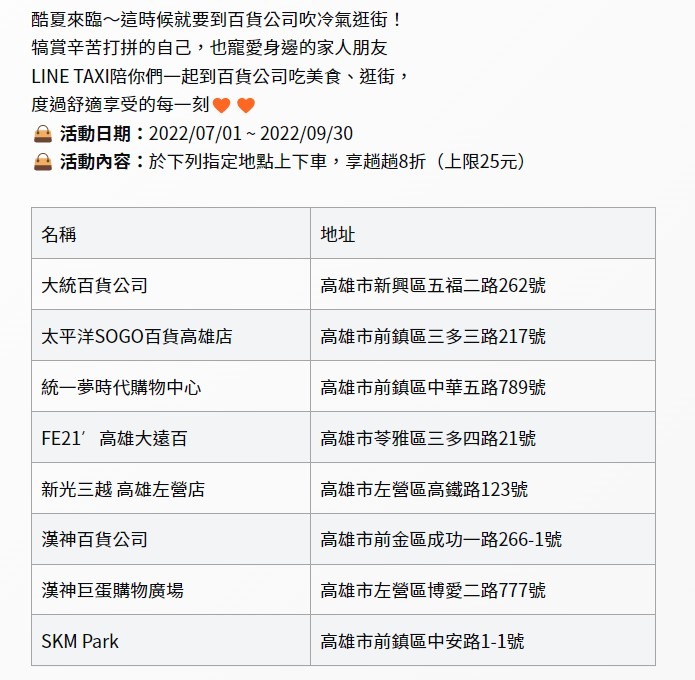 分享 LINE TAXI高雄專屬的乘車優惠卷