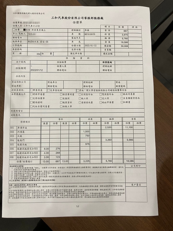 Mazda CX5 | 機械停車位出險 | 新安東京出險理賠紀錄(附估價單)