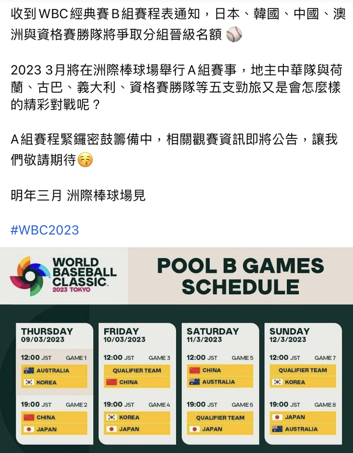 WBC POOL B GAMES賽程出來了