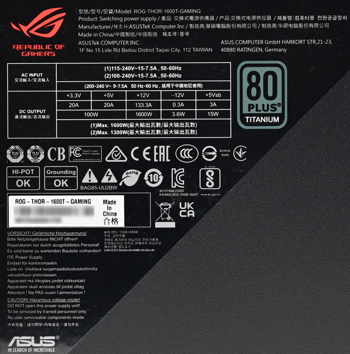 ASUS ROG THOR 1600W鈦金全模組化電源開箱