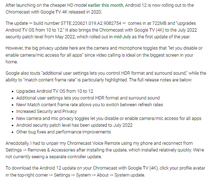 Google Chromecast with Google TV 4K 可以升級到Android 12了