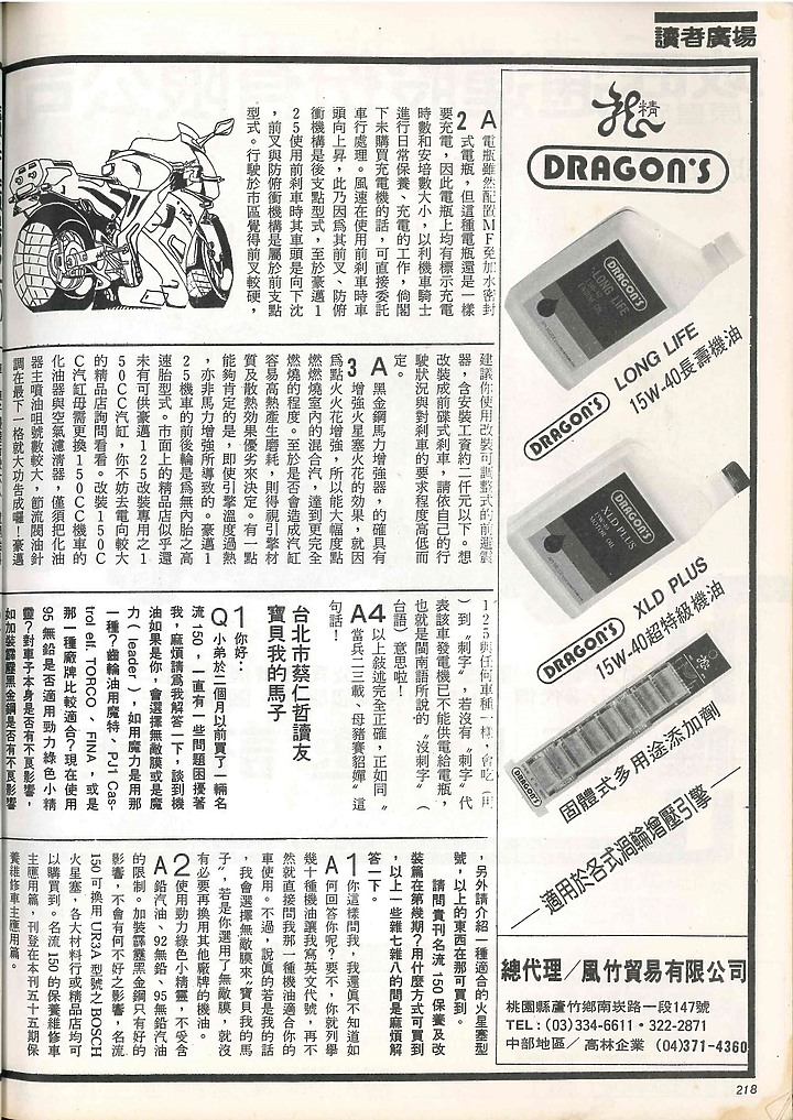1990年11月摩托車雜誌"讀者廣場"上面的問題
