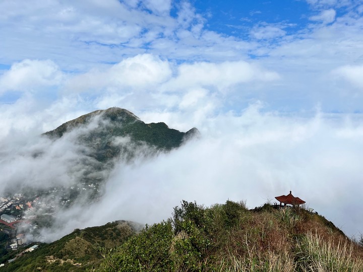 騎重機去九份爬山- 無耳茶壺山/ 半屏山, 探一下劍龍稜. 回程走台2線海邊回北投. 黃牌 UK 450.