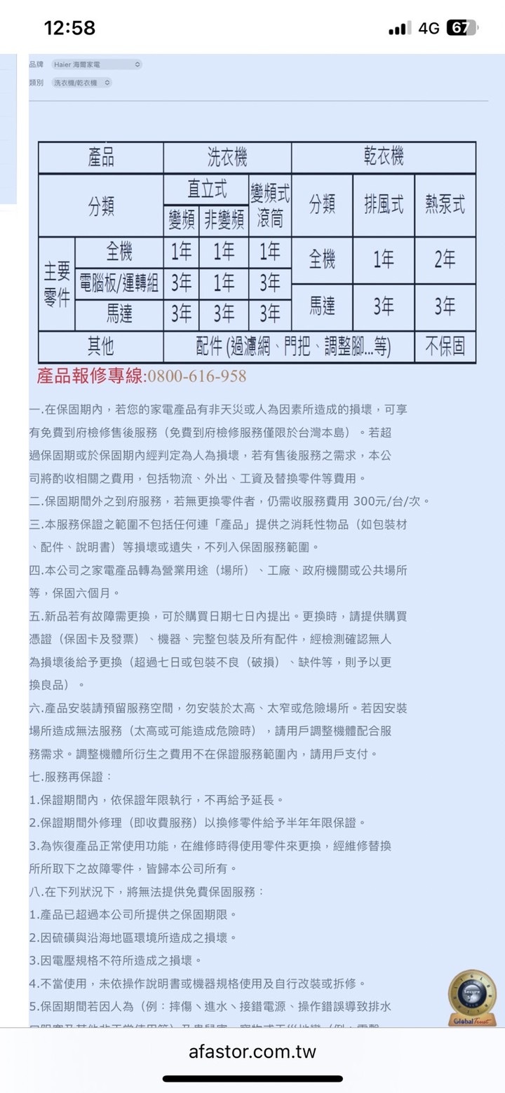 海爾滾筒洗衣機HWD120-168W勸退文
