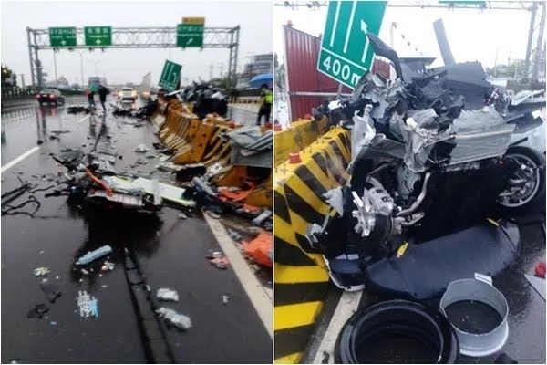 特斯拉自撞,面目全非,兩人彈飛死亡