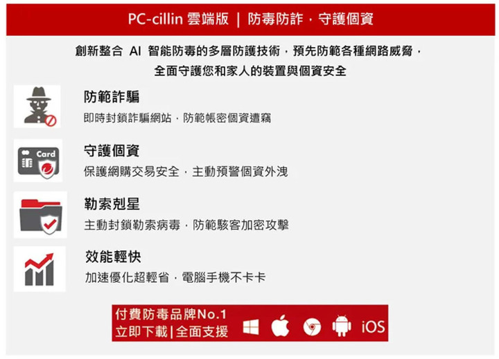 點我看大圖 PC-cillin Pro:防毒防詐●守護個資●安全VPN網路購物超安心