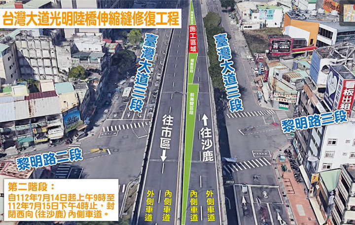 駕駛注意！台中台灣大道光明陸橋 明起到7/15分階段封閉施工