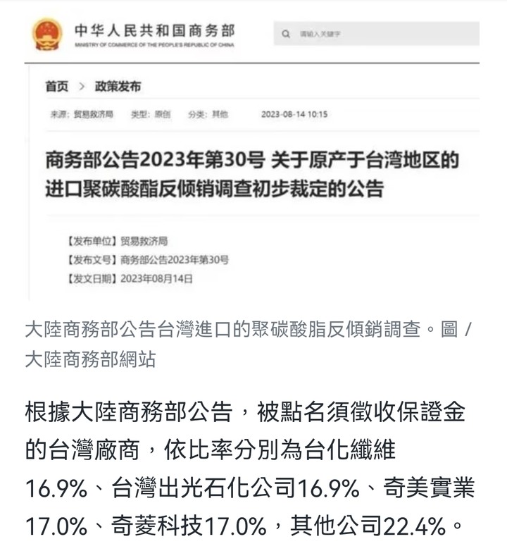 恭喜台灣 聚碳酸酯 中國反傾銷稅