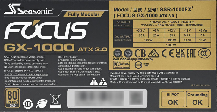 點我看大圖 Seasonic FOCUS ATX 3.0 GX-1000 1000W金牌全模組化電源開箱