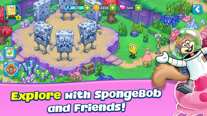 《SpongeBob Adventures: In A Jam》海綿寶寶歷險記 經營建造、解鎖迷霧、探索、恢復和重建比奇堡 | 孰悉的角色 海綿寶寶、派大星、蟹老闆、章魚哥、皮老闆