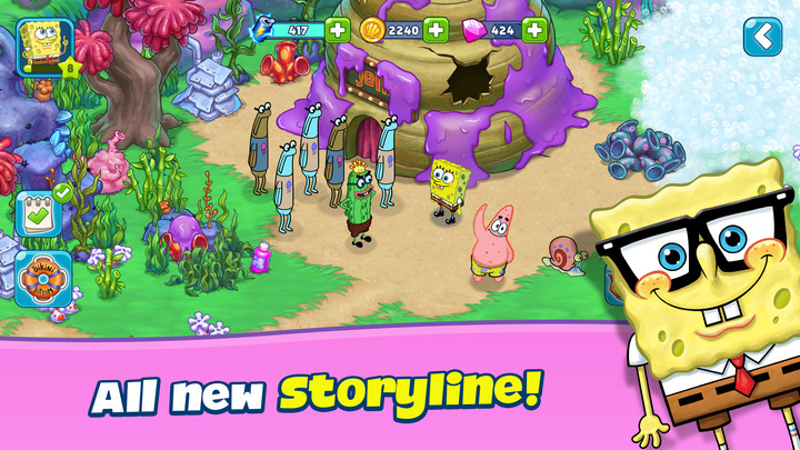 《SpongeBob Adventures: In A Jam》海綿寶寶歷險記 經營建造、解鎖迷霧、探索、恢復和重建比奇堡 | 孰悉的角色 海綿寶寶、派大星、蟹老闆、章魚哥、皮老闆