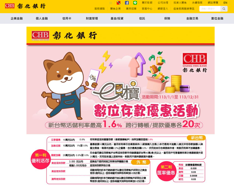 【YC開卡 <彰化銀行 e財寶數位帳戶&My樂現金回饋卡>】最高1.6%活儲利率、指定行動支付最高享6%現金回饋