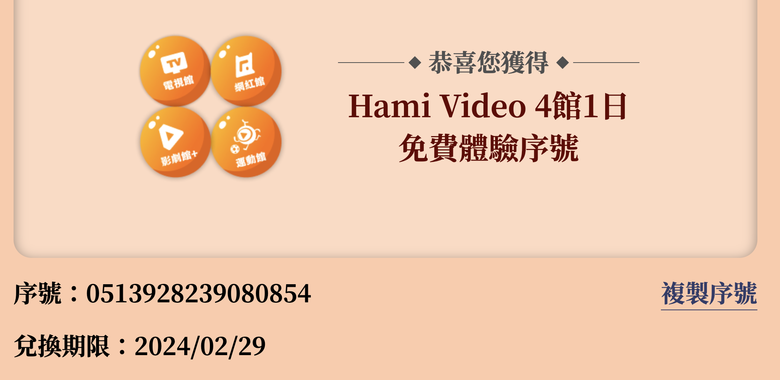 （已全數被兌畢）Hami Video 好劇好運龍吼利 4館1日免費體驗序號分享。(兌換期限2024/02/20)