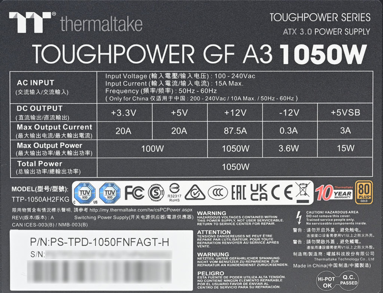 點我看大圖 thermaltake TOUGHPOWER GF A3 ATX 3.0 1050W金牌全模組化電源開箱